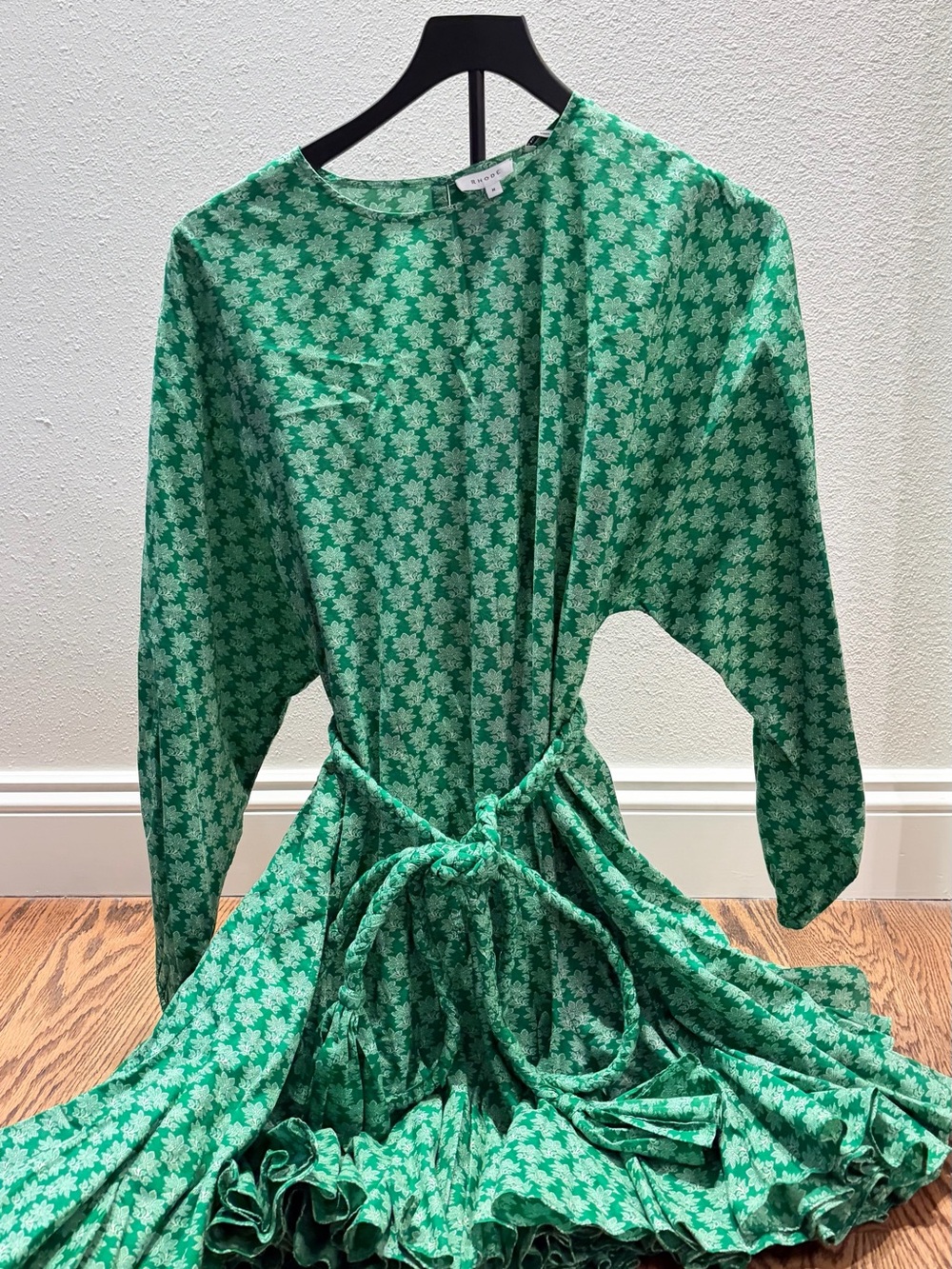RHODE Green Floral Tie-Waist Ruffle Hem Dress